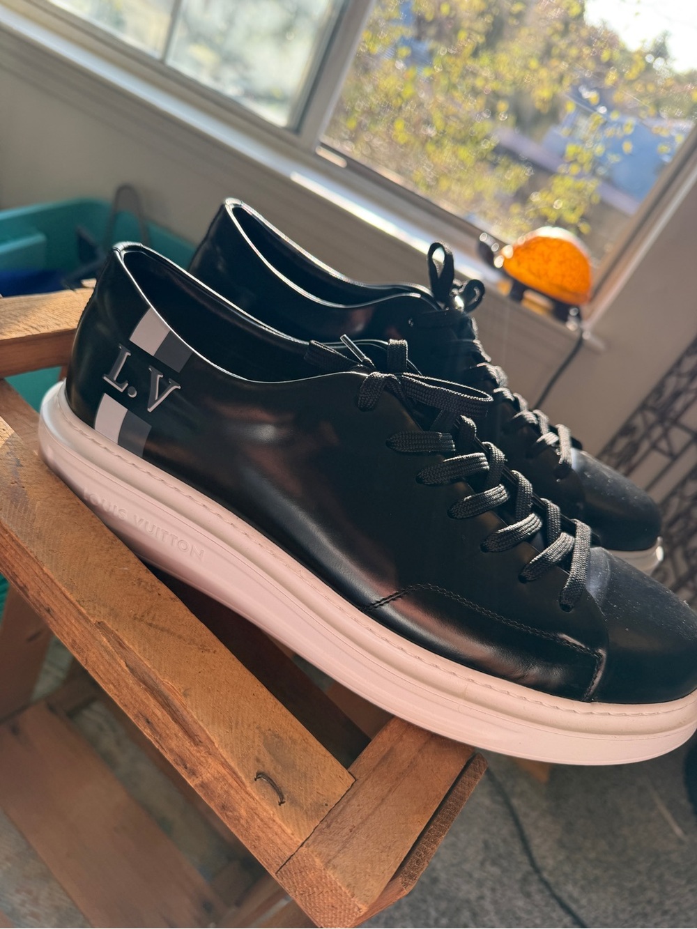 Louis Vuitton Black Leather Men’s Low-Top Sneakers with White Sole